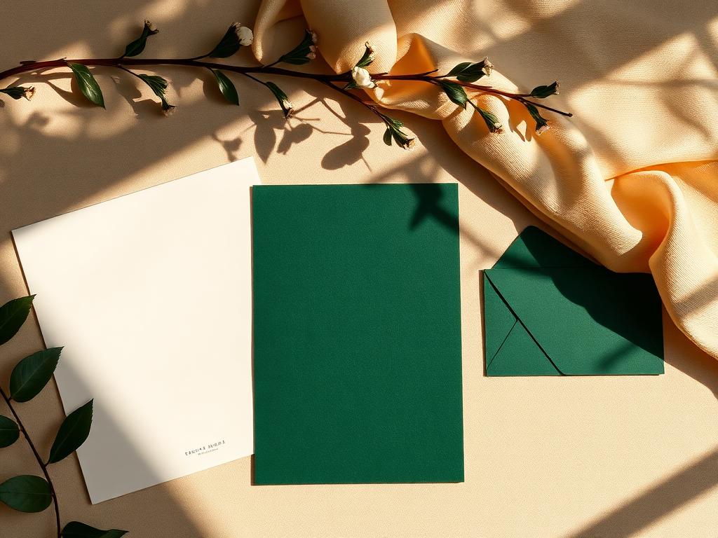 Cream and deep green brand stationery laid out on a warm surface